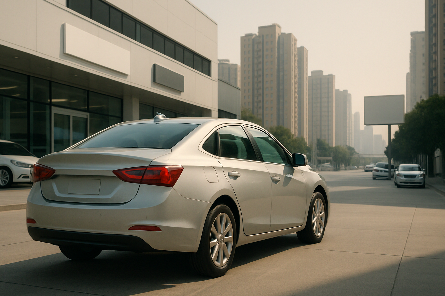 A silver sedan parked on a wide, sunlit city street lined with tall modern buildings and trees