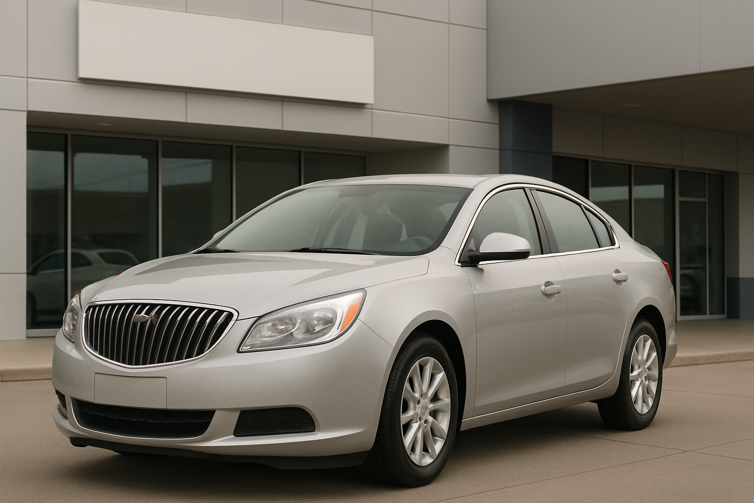 Silver sedan with chrome grille parked on smooth pavement in front of a modern building with large windows and neutral panels