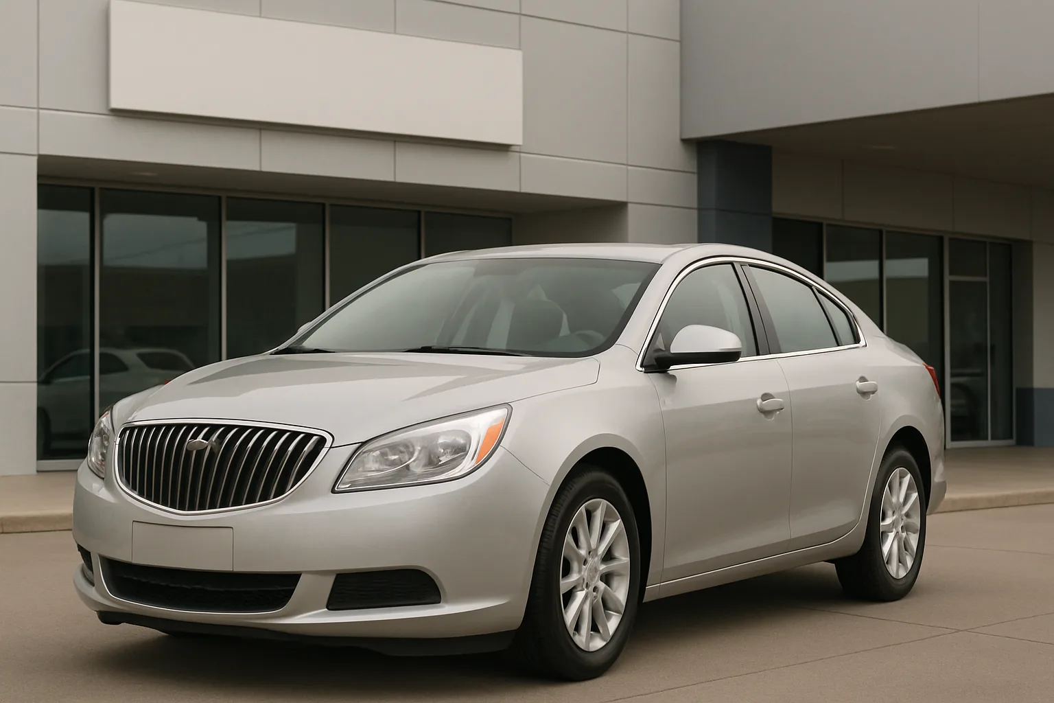 Silver sedan with chrome grille parked on smooth pavement in front of a modern building with large windows and neutral panels
