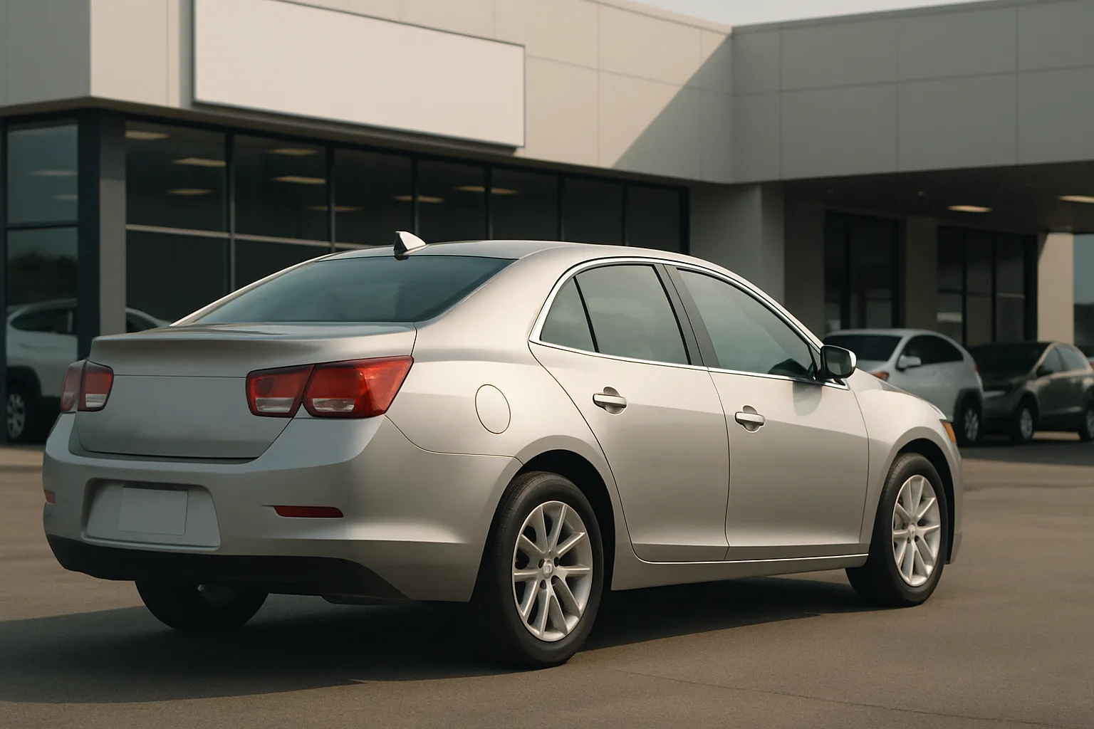 A silver sedan with tinted windows parked in front of a modern, beige commercial building in soft daylight