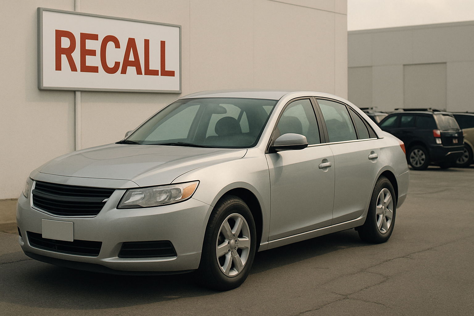 A silver sedan parked outside a beige building with a large red RECALL sign on the wall and overcast lighting