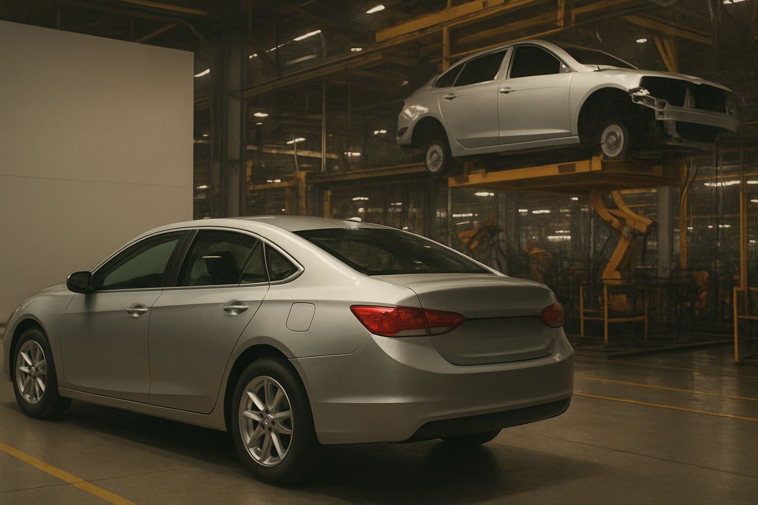 Two unfinished silver sedan cars in a dimly lit factory, one on the ground and one raised on yellow machinery