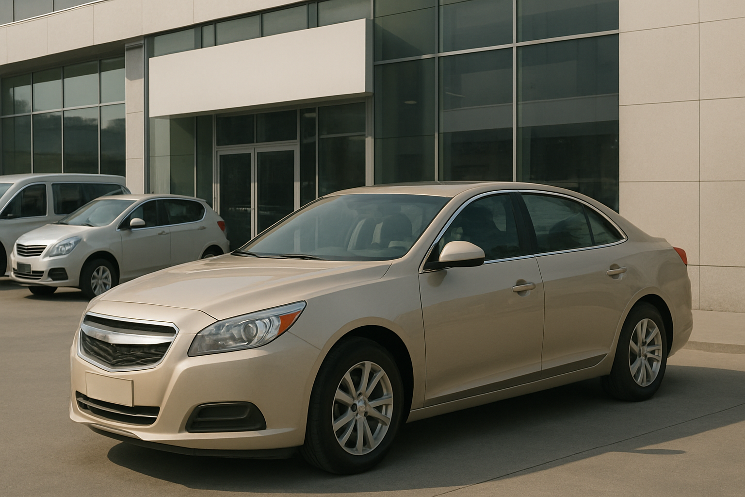 A beige sedan parked on a sunlit driveway outside a modern glass and concrete building