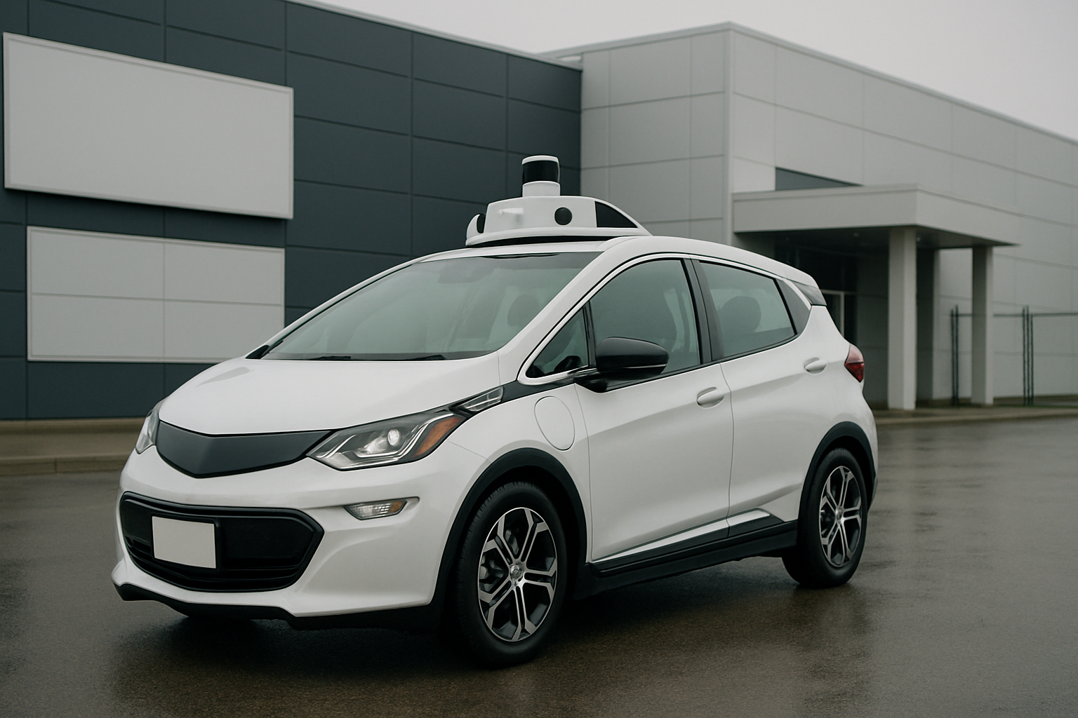 White compact car with a rooftop sensor array parked on wet pavement beside a modern gray and white building