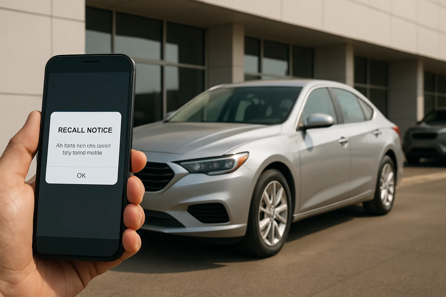 A hand holds a smartphone with a recall notice alert in front of a silver sedan parked by a modern building