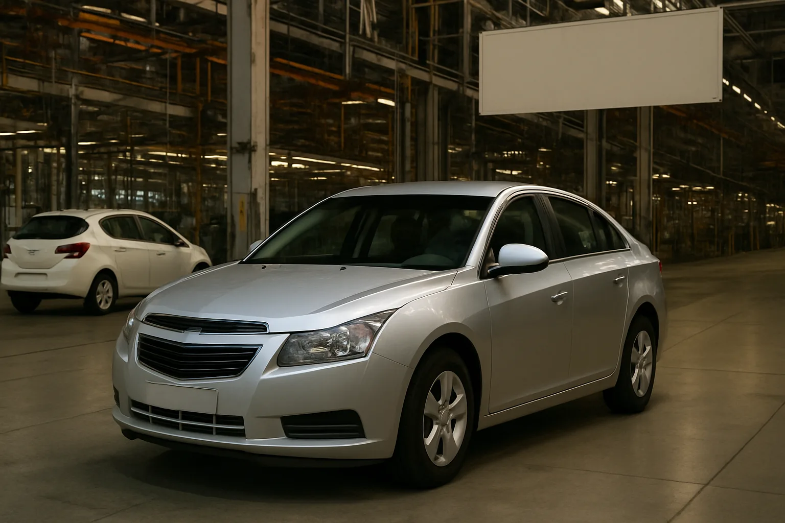 Silver sedan parked inside a spacious, sunlit factory with high ceilings and glass walls, another white car in the background