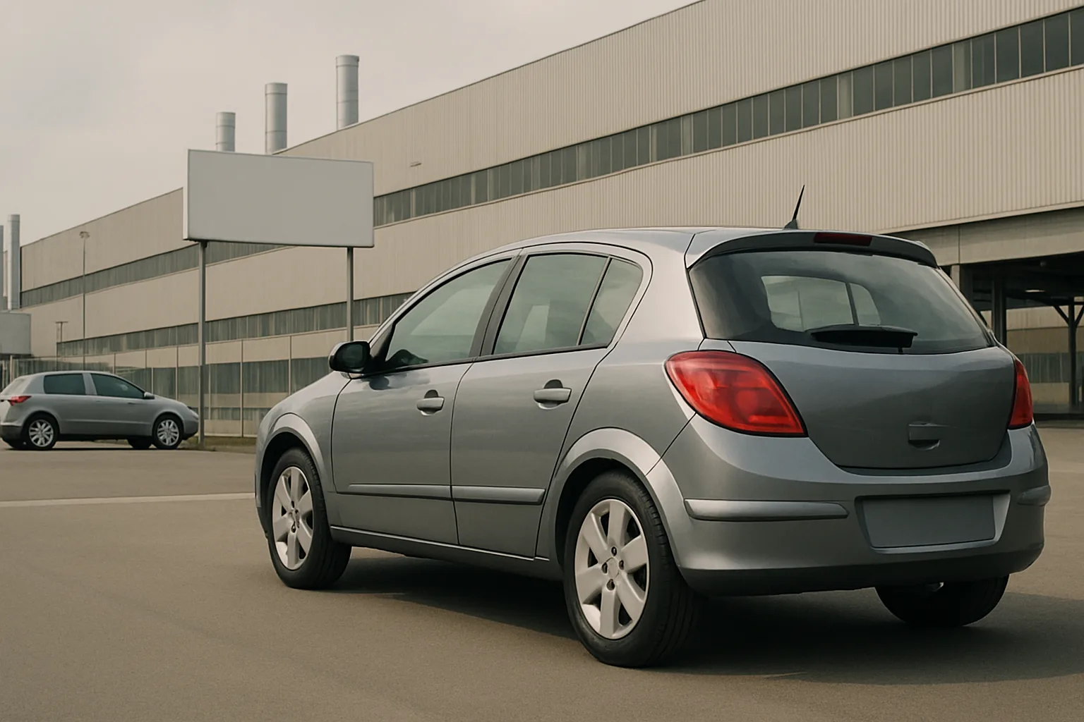 A grey hatchback car parked on an empty lot beside a large, light industrial building under an overcast sky