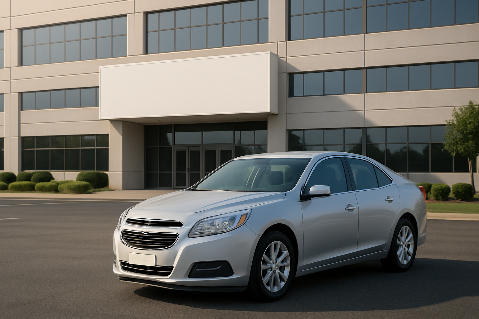 Silver sedan parked on an empty lot in front of a modern beige office building with large windows and manicured shrubs