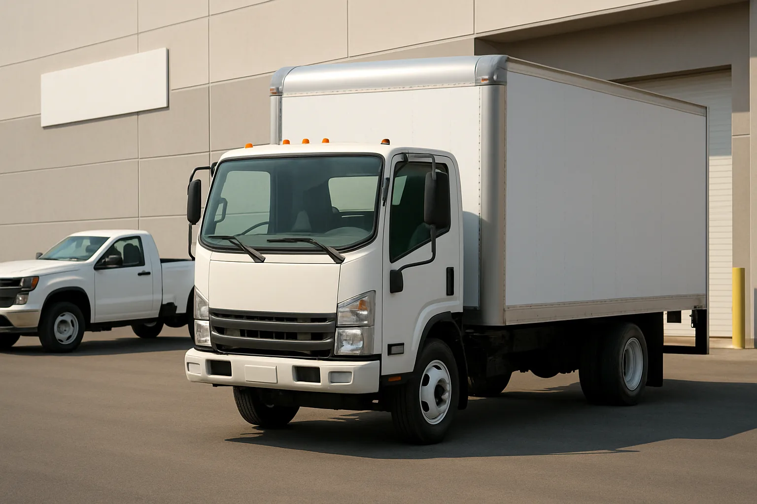 A boxy white cab-over truck with orange lights parked on sunlit pavement near a modern beige industrial building