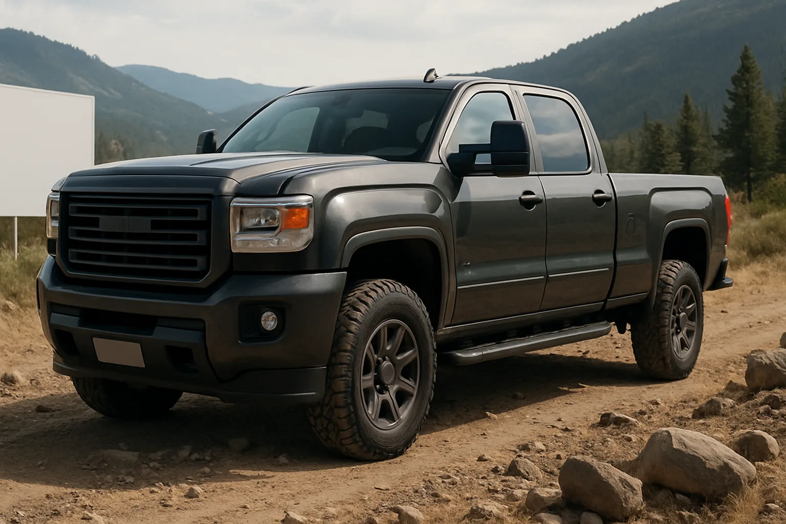Chunky dark grey pickup truck with large off-road tires parked on a rocky dirt track amid green hills and trees