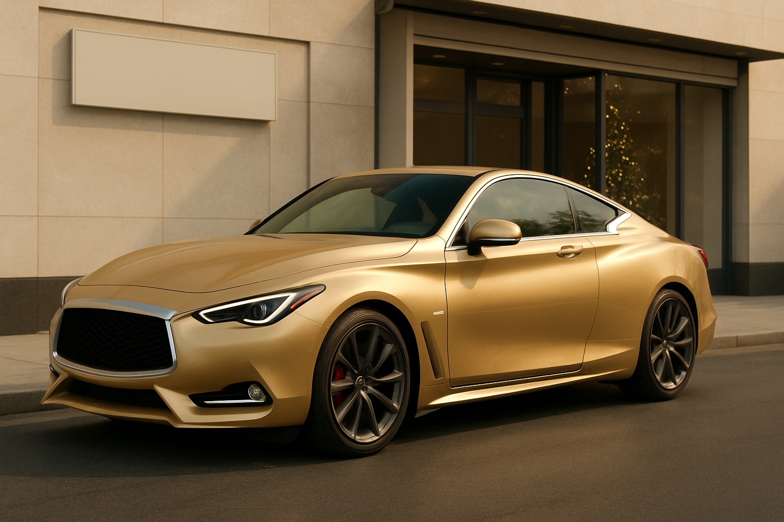 Sleek gold coupe parked on a city street with dark alloy wheels, clean lines and soft sunlight highlighting its metallic finish