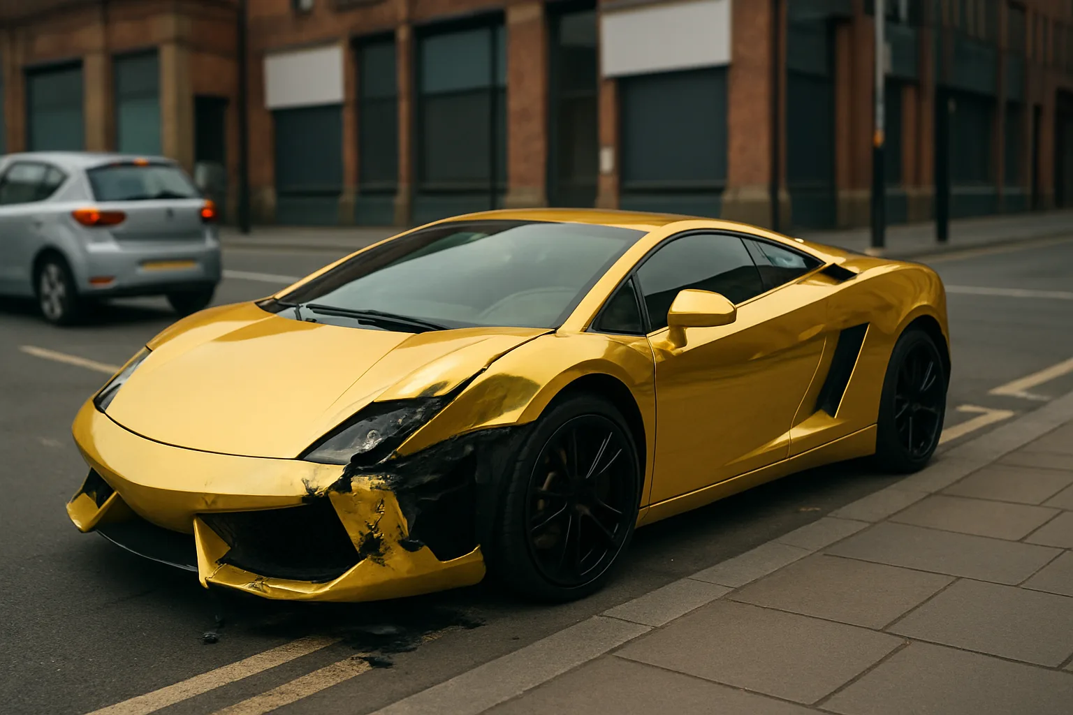 Shiny gold sports car with a dented front bumper parked on a city street near brick buildings and a silver hatchback