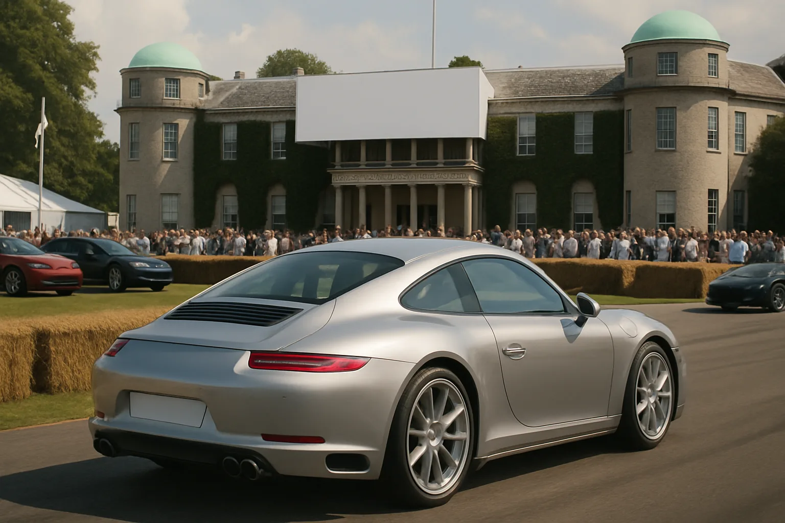 A sleek silver sports car is parked on a sunlit driveway before a grand ivy-clad building with domed towers, watched by a crowd