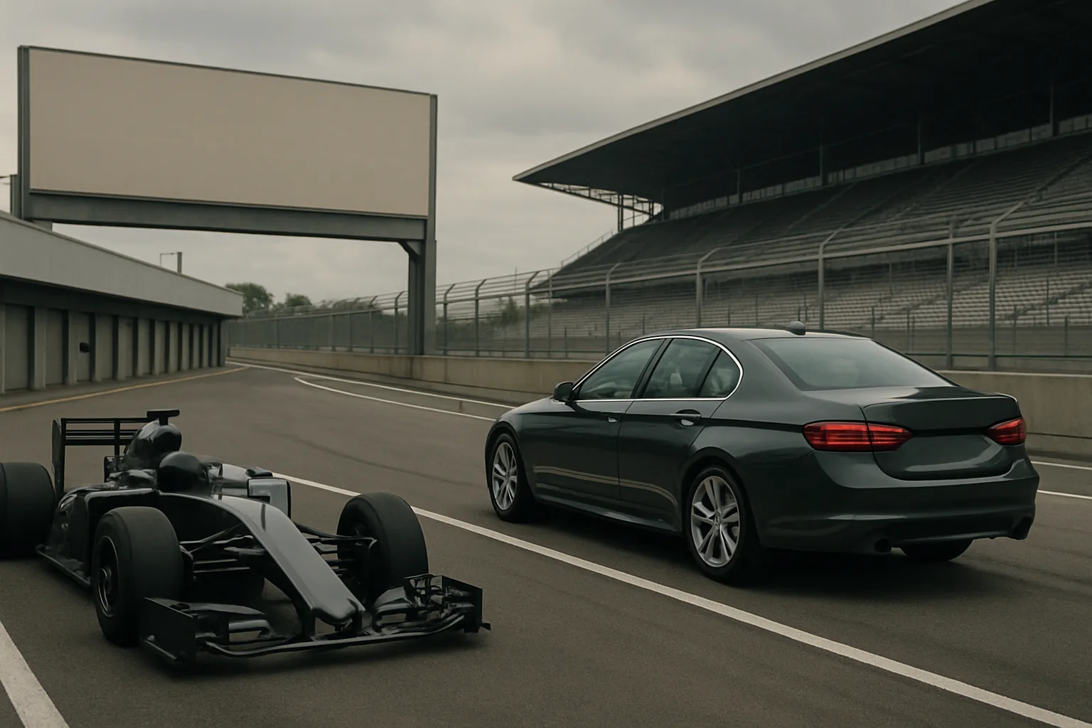 A matte black single-seater race car and a dark grey sedan parked side by side on an empty, overcast racetrack