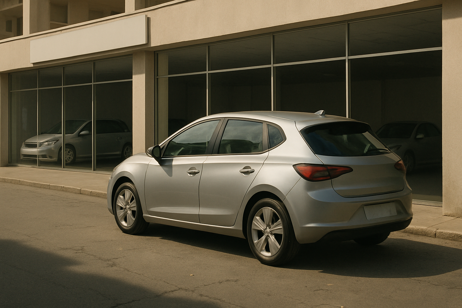 Silvery hatchback car parked on an empty street outside a modern building with large glass windows and muted sunlight