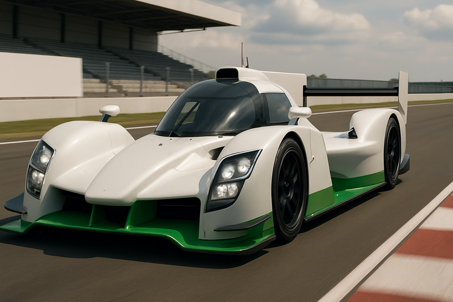 Low, wide race car with smooth white bodywork, green trim, black wheels and accents, on an empty track under bright daylight