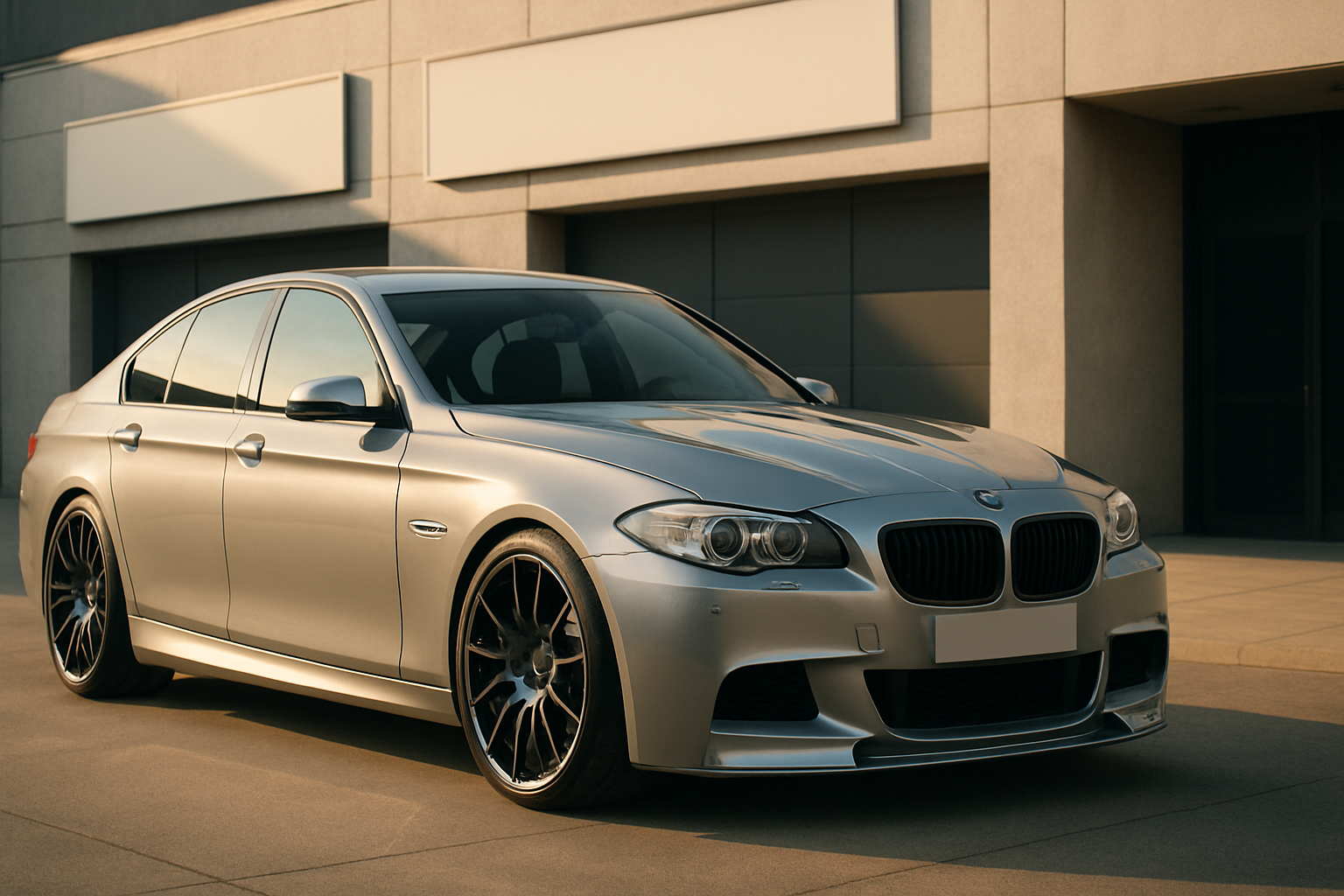 Silver four-door sports sedan with large black wheels and glossy paint parked in front of a modern beige building in soft sunlight