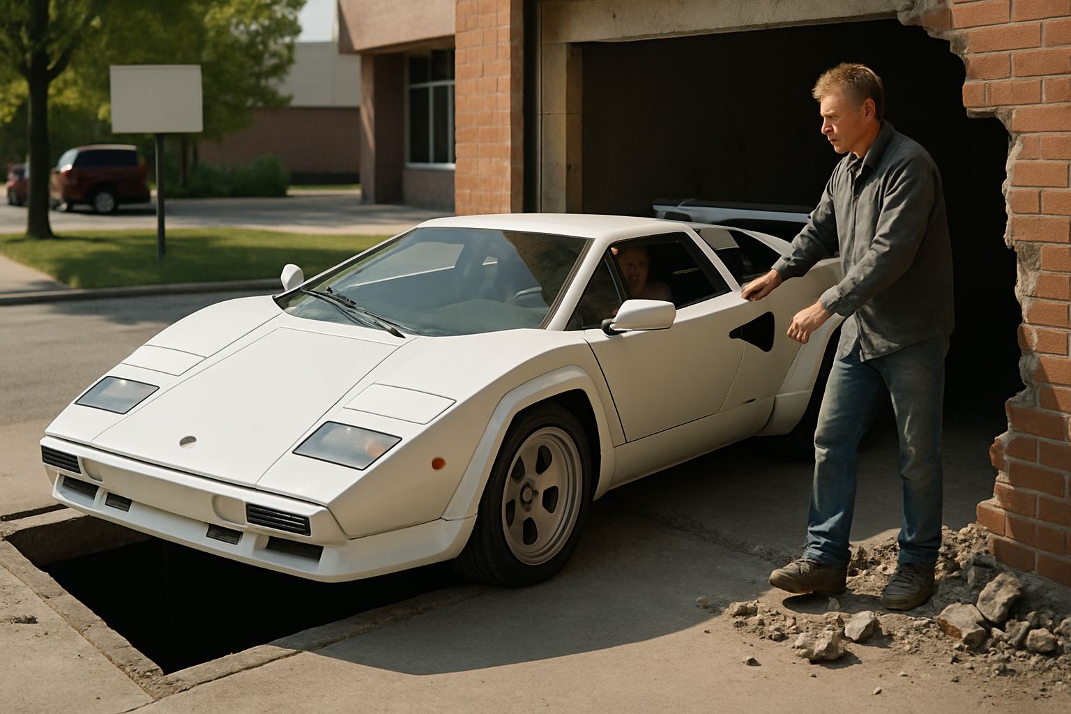 A wedge-shaped white sports car with pop-up headlights emerges from a brick-lined basement as a man stands nearby in daylight