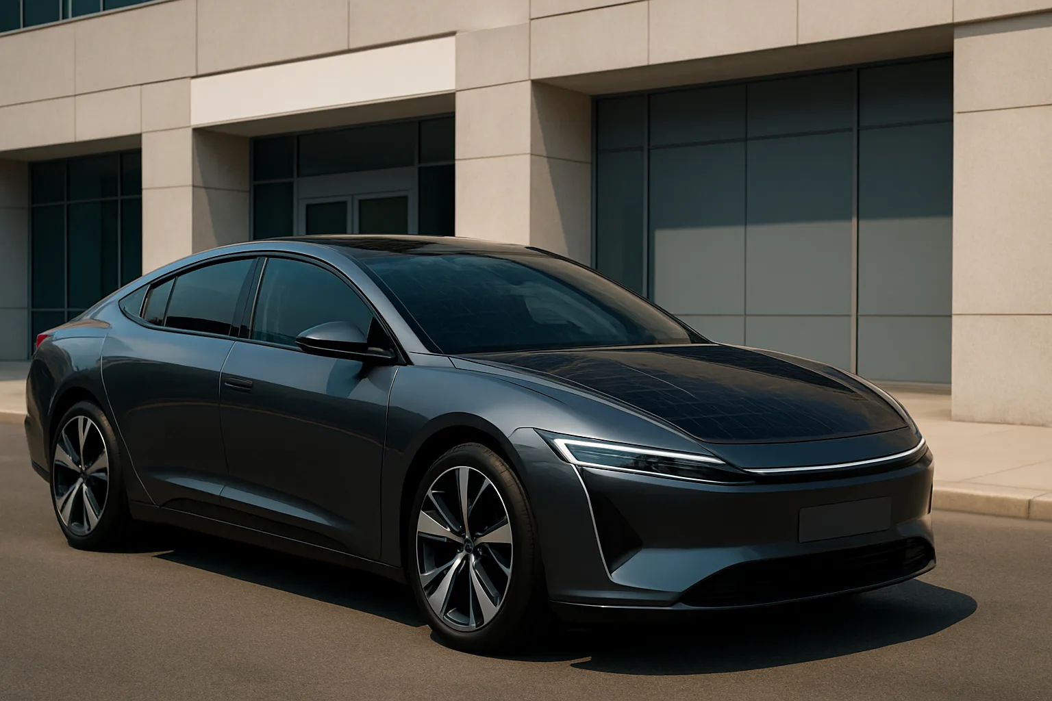 Sleek dark grey sedan with a glossy finish reflecting sunlight, parked on a clean street in front of a modern building