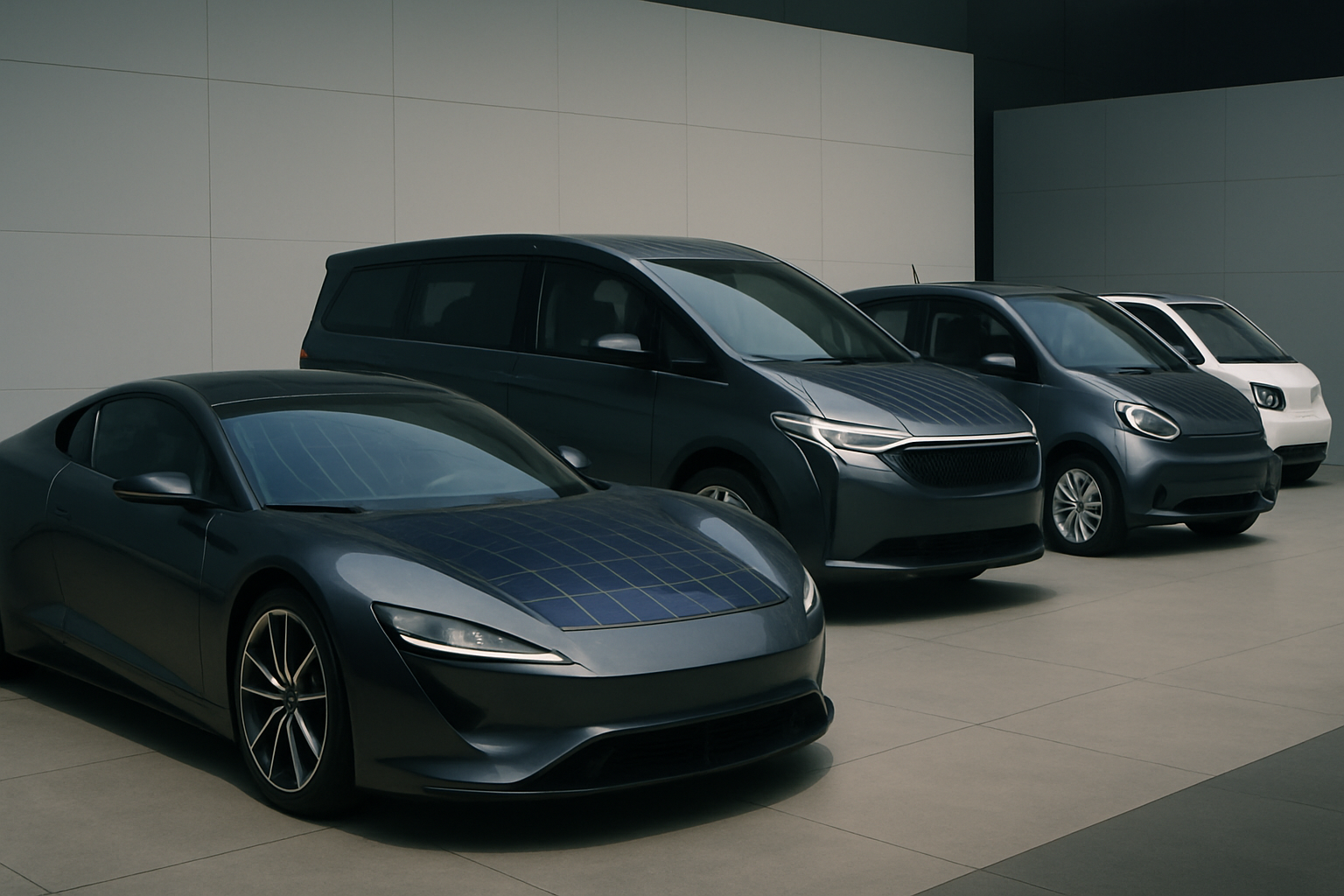 Four sleek, dark-colored concept cars with reflective surfaces and grid-like solar panels displayed in a minimalist setting