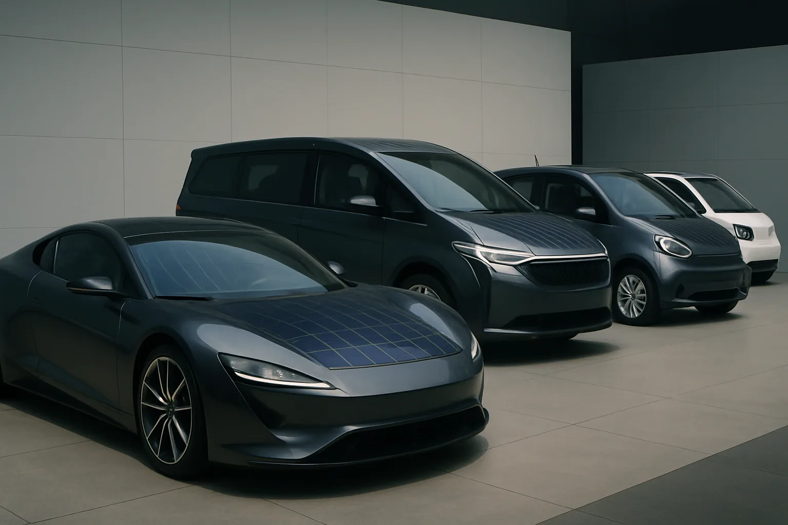 Four sleek, dark-colored concept cars with reflective surfaces and grid-like solar panels displayed in a minimalist setting