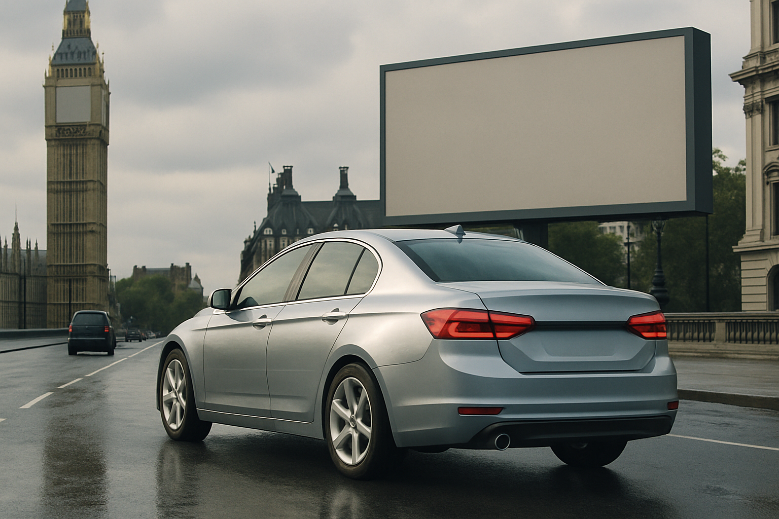 Silvery sedan on a wet city street in front of a large blank billboard, with overcast skies and gothic buildings in the background