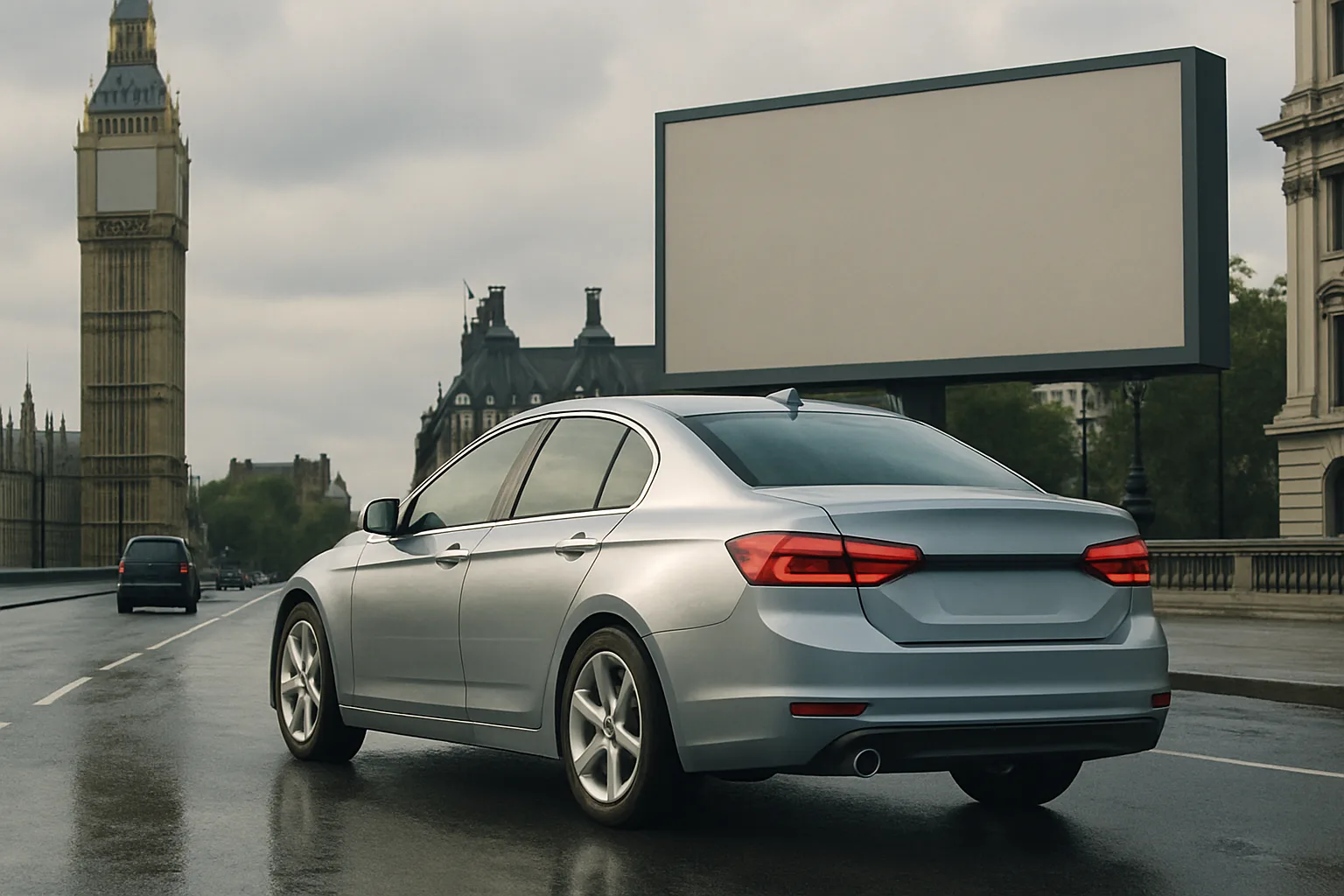 Silvery sedan on a wet city street in front of a large blank billboard, with overcast skies and gothic buildings in the background