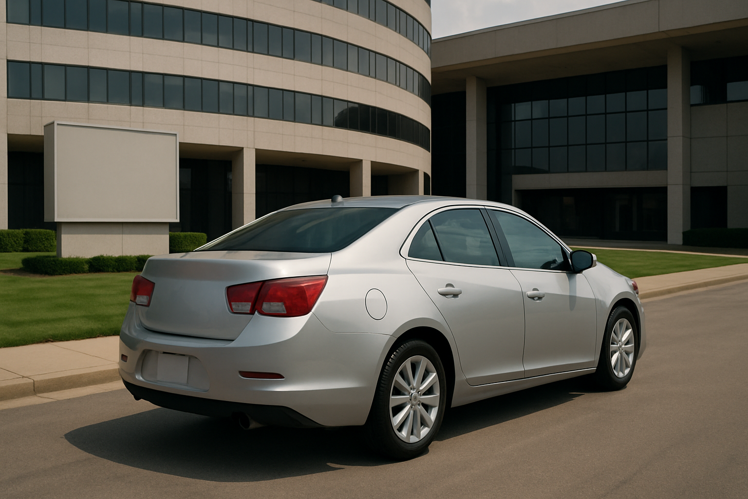 A silver sedan with tinted windows is parked on a curved driveway outside a modern office building with reflective glass