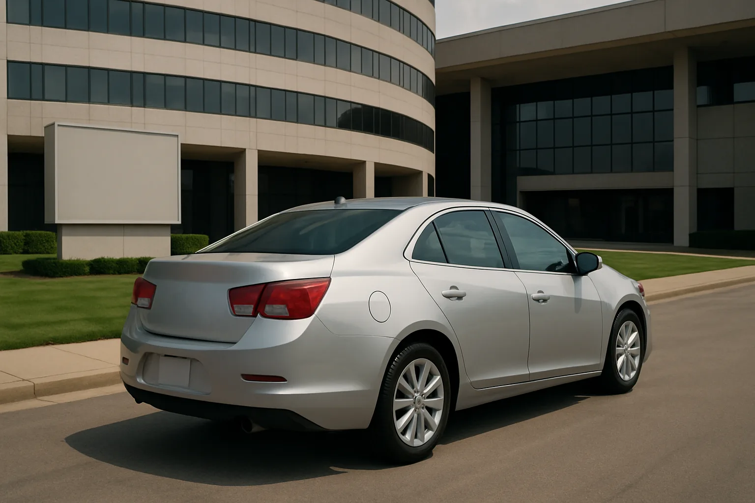 A silver sedan with tinted windows is parked on a curved driveway outside a modern office building with reflective glass