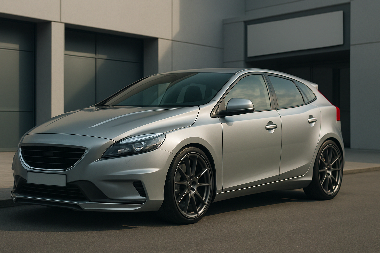 A silver hatchback with dark alloy wheels and tinted windows parked on a clean street against a modern grey building
