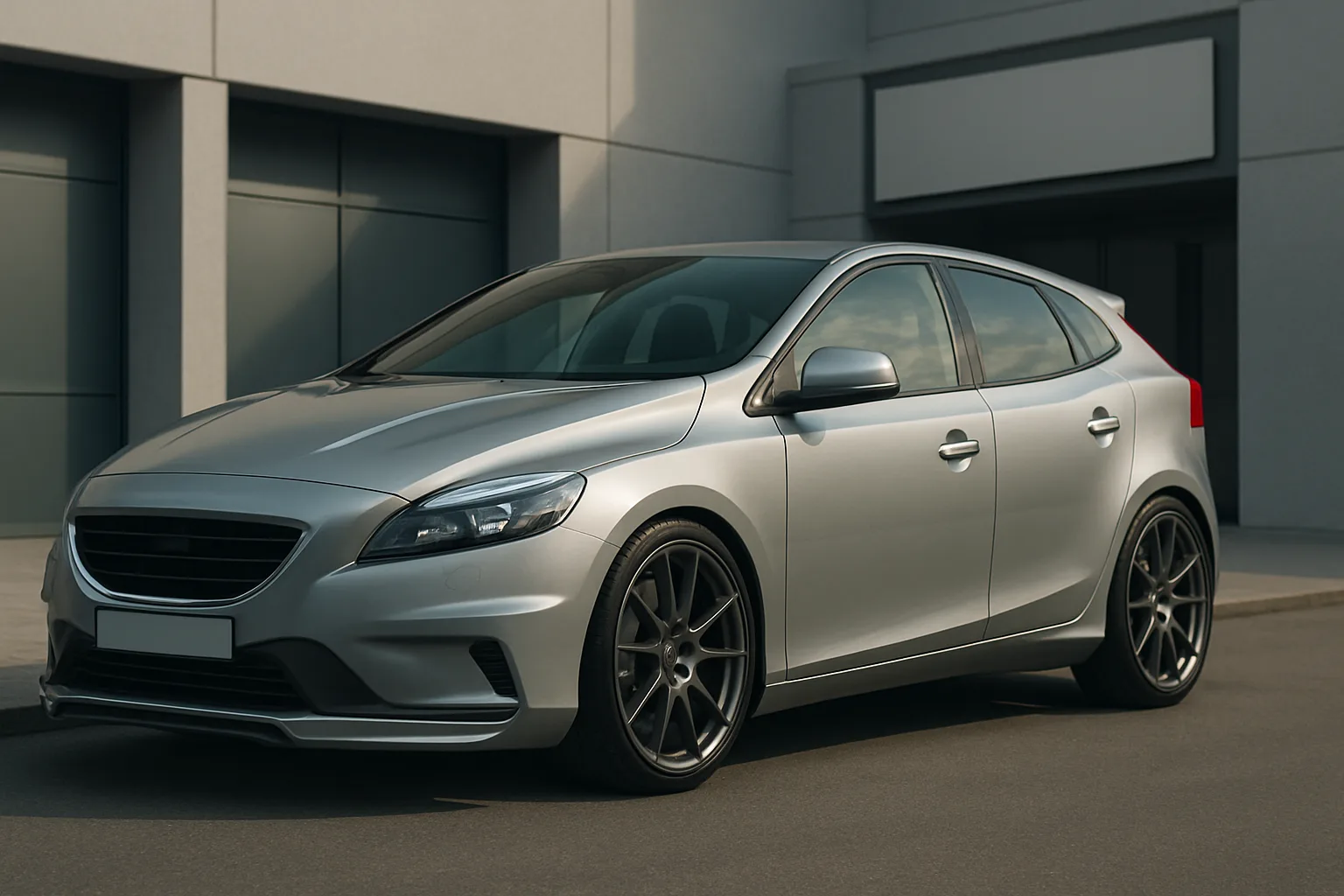 A silver hatchback with dark alloy wheels and tinted windows parked on a clean street against a modern grey building