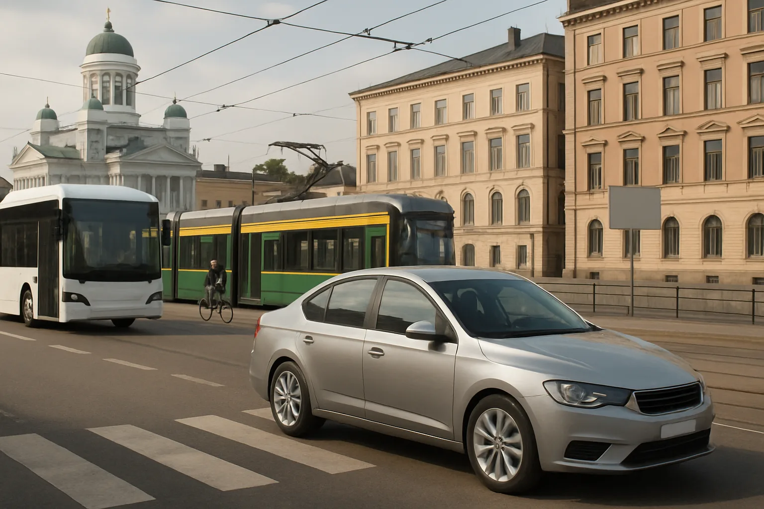 Silver sedan in foreground, white bus, green tram and cyclist in background against classic stone buildings in soft daylight