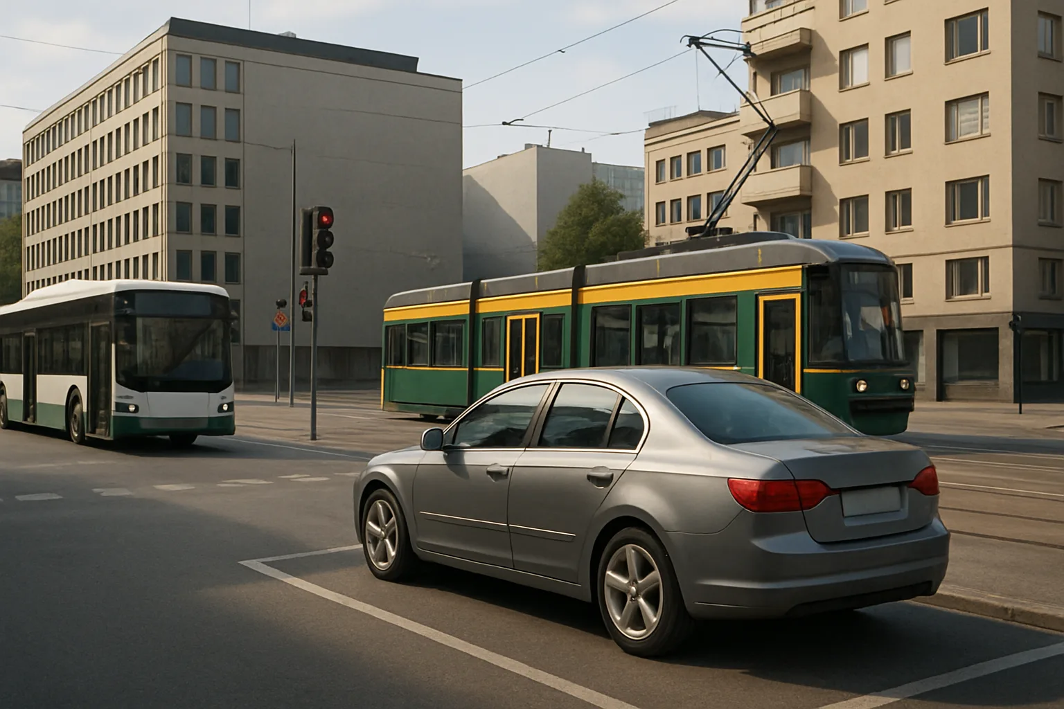 A silver sedan waits at a city intersection as a green tram and a white bus pass by modern beige buildings