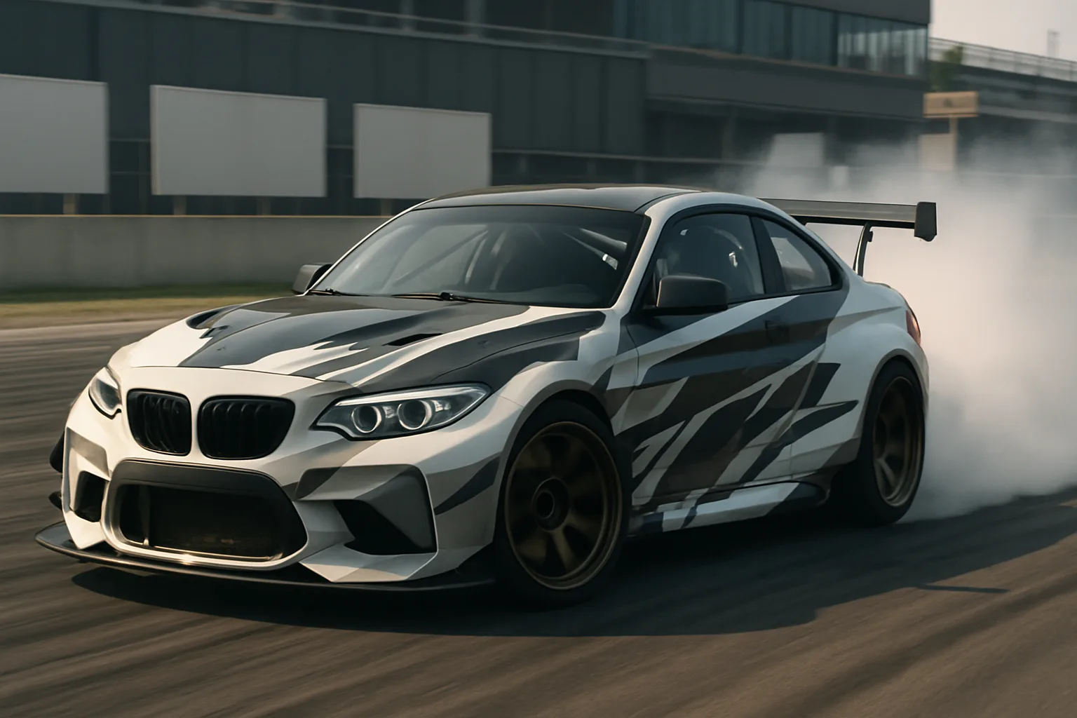 Sleek silver and black race car with wide body kit and rear wing drifting on a sunlit racetrack, tire smoke billowing