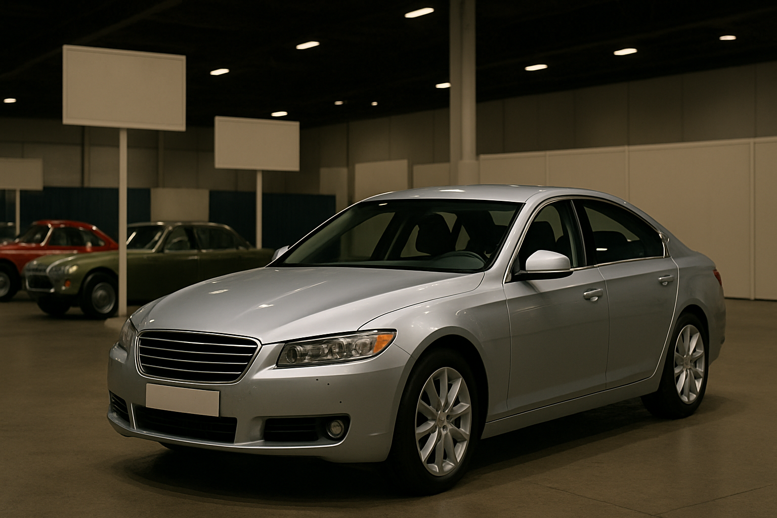 A silver sedan with smooth curves parked indoors on a polished floor, with classic cars and blank display boards in the background