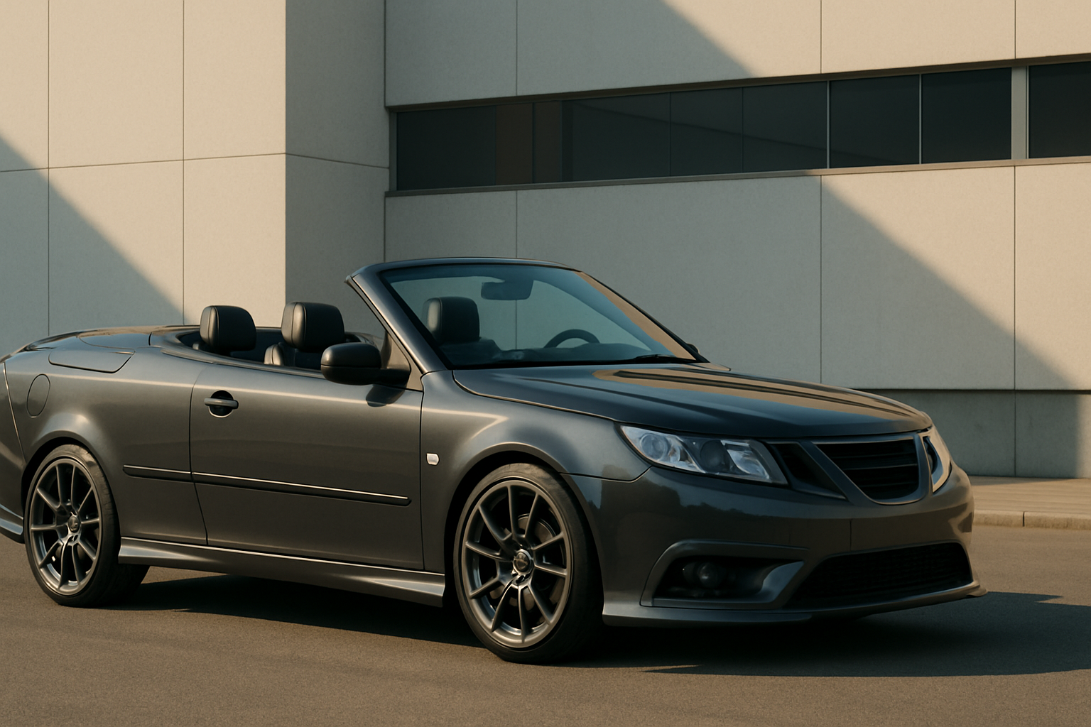 A sleek dark grey convertible with black wheels parked in front of a modern beige building under soft sunlight