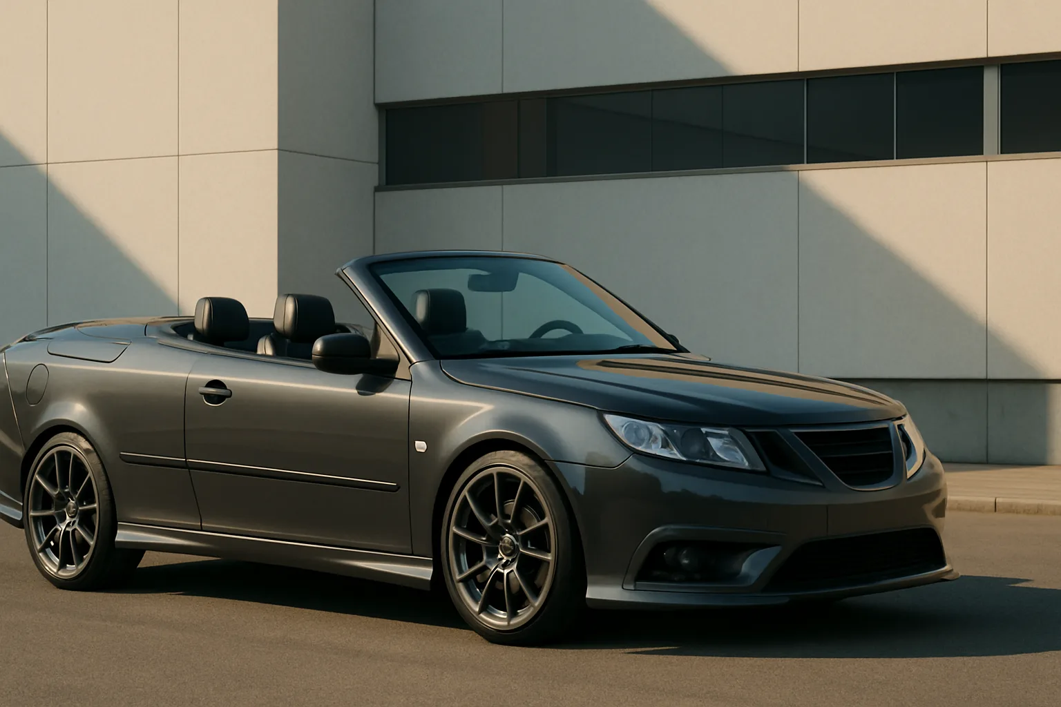 A sleek dark grey convertible with black wheels parked in front of a modern beige building under soft sunlight