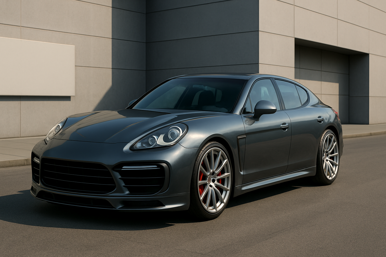 Sleek metallic grey sports sedan with sculpted bodywork, low stance, large silver alloy wheels and red brake calipers in soft daylight