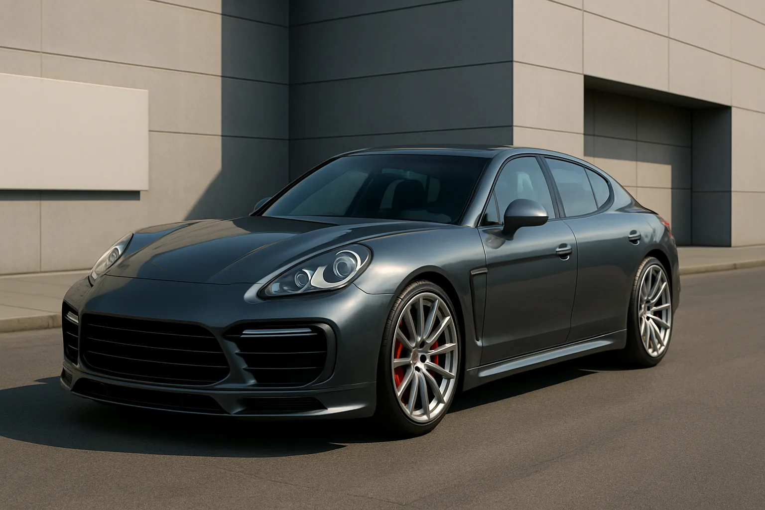 Sleek metallic grey sports sedan with sculpted bodywork, low stance, large silver alloy wheels and red brake calipers in soft daylight