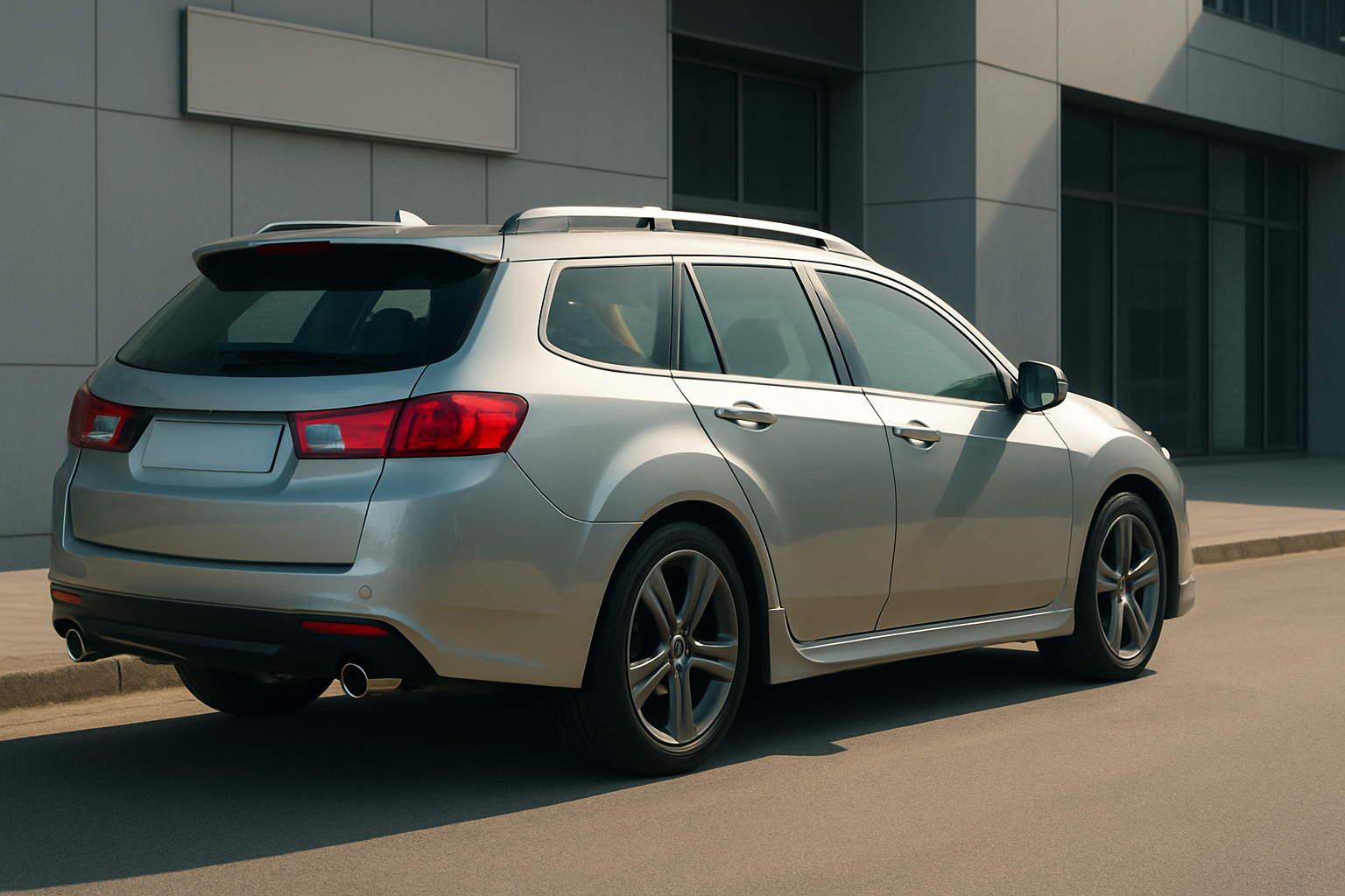 Silver station wagon with tinted windows and five-spoke alloy wheels parked on a sunlit street beside a modern building