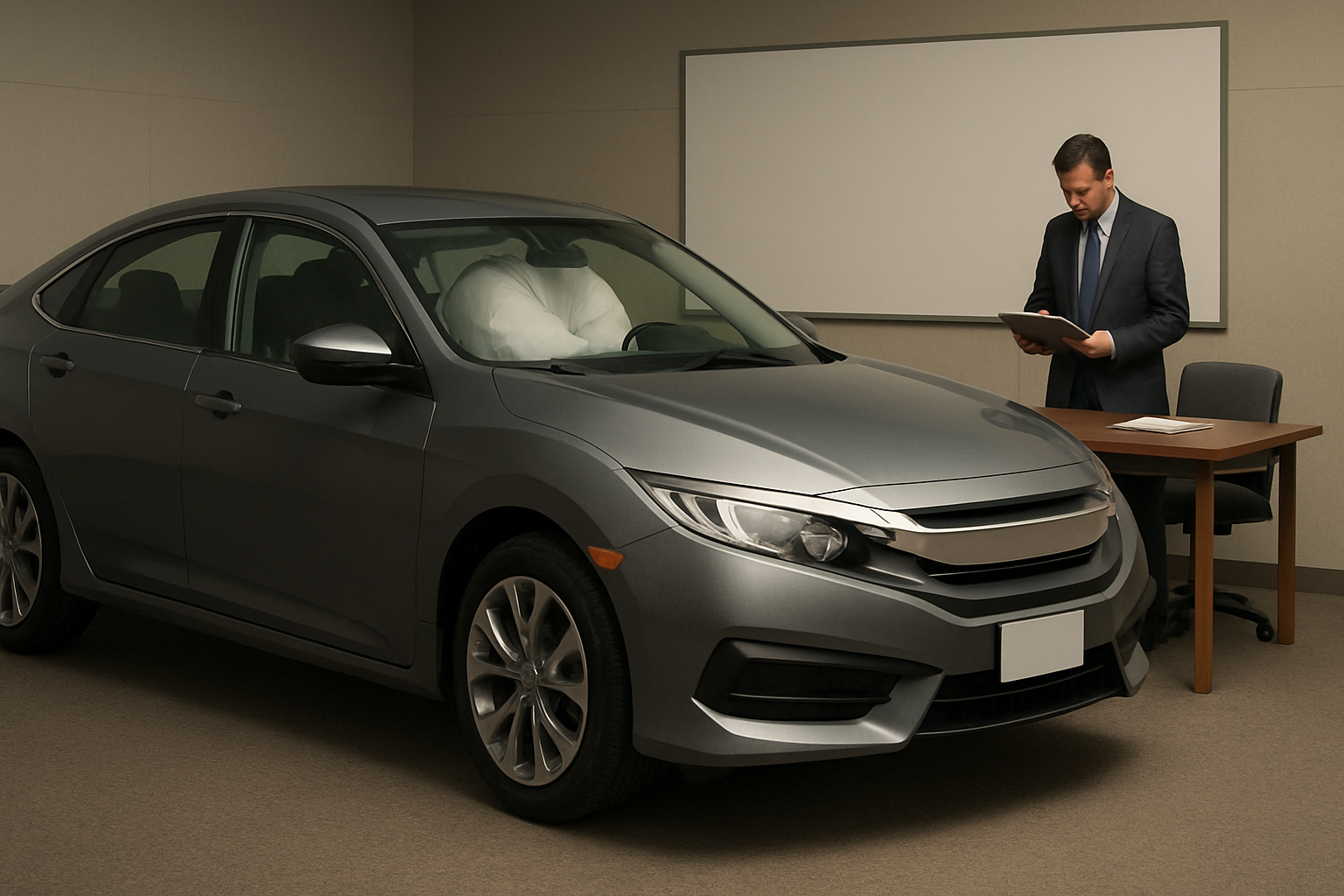 A grey sedan with deployed airbags parked in a plain room as a man in a suit reviews documents at a wooden table