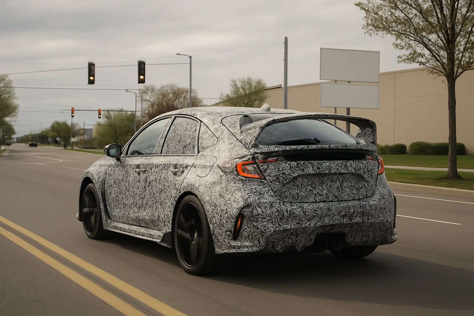 A camouflaged car with black wheels driving on a suburban street under overcast skies, with trees and traffic lights ahead