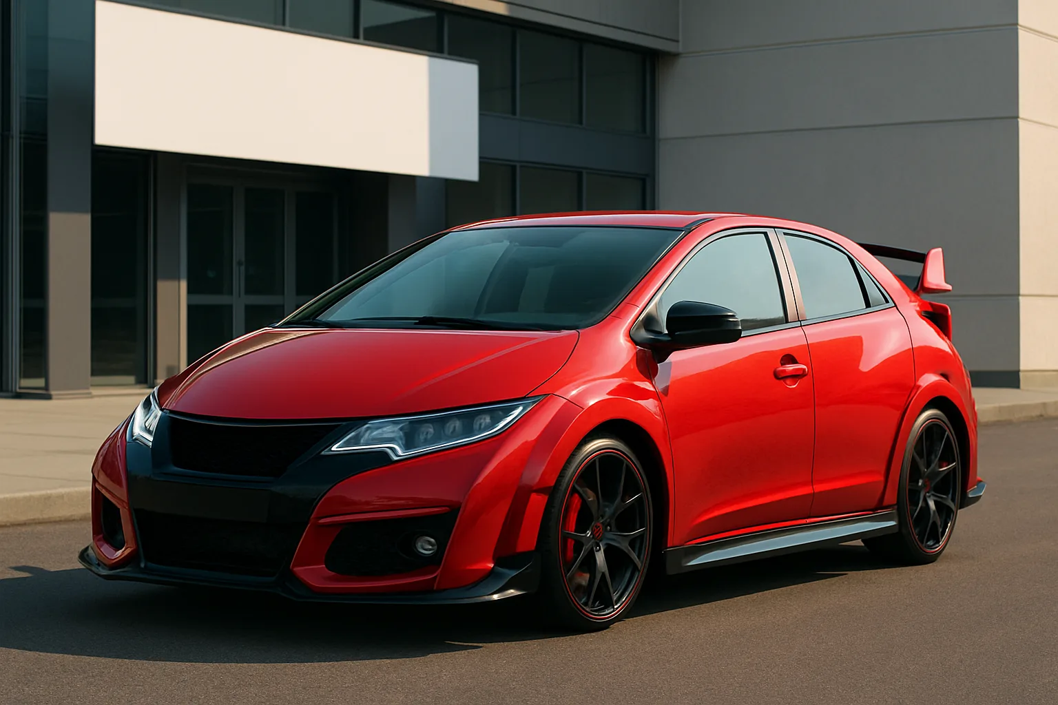 Bright red hatchback with black trim and large rear spoiler parked on smooth pavement near a modern building in daylight
