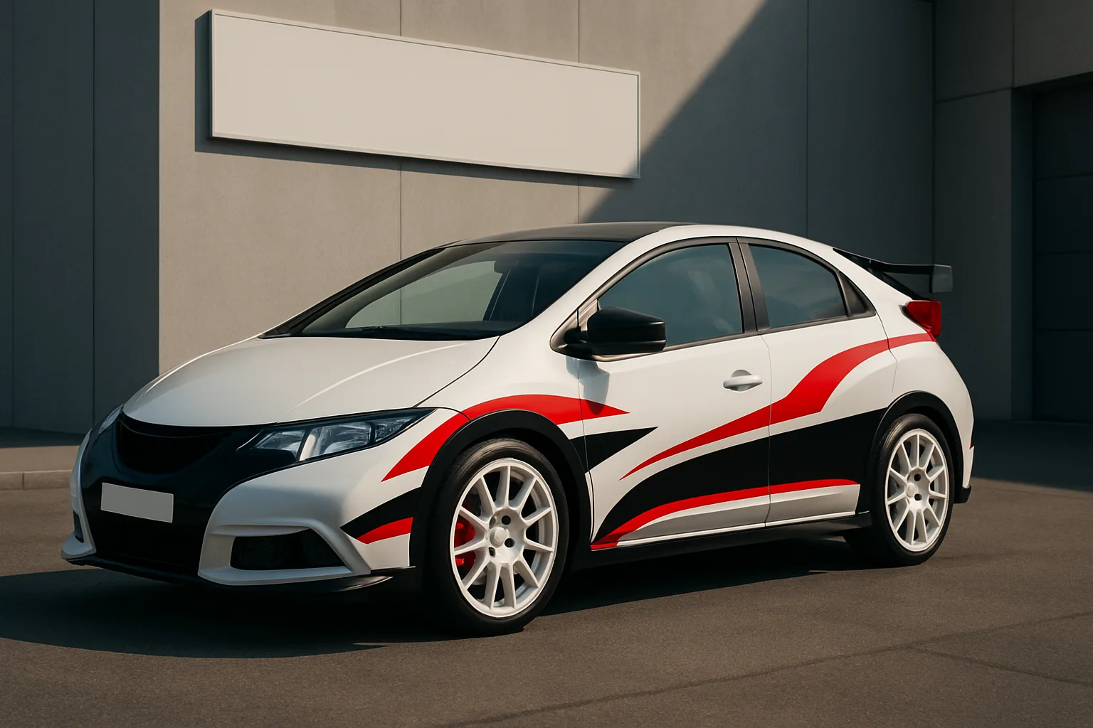 A white car with red and black racing stripes and a rear spoiler parked in front of a beige modern building