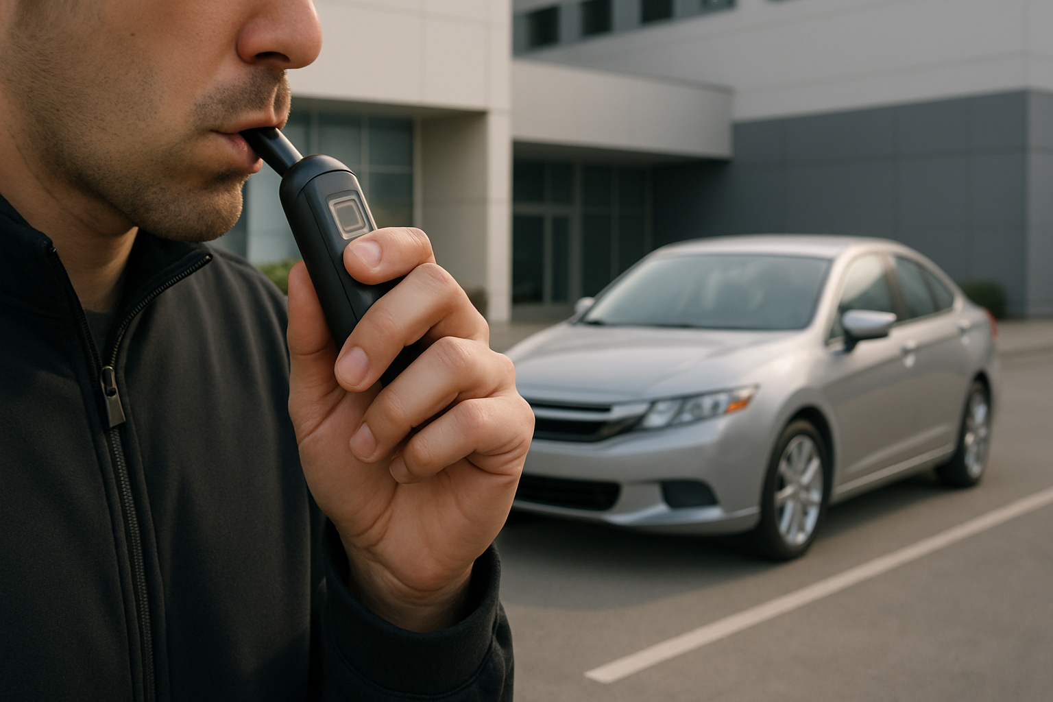 A person in a black jacket holds a small black handheld device to their mouth in a parking lot near a silver car