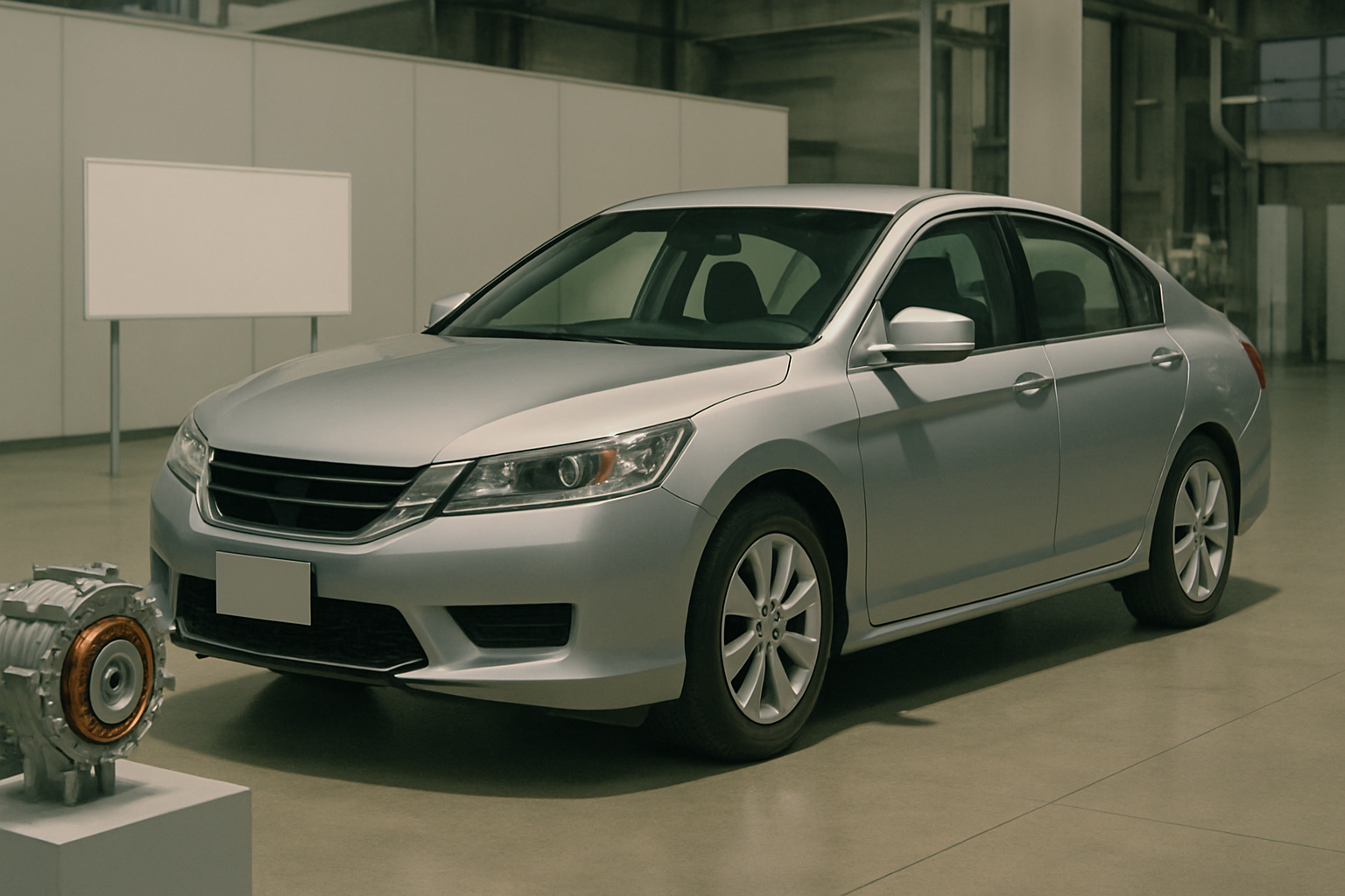 A silver sedan parked indoors on a polished concrete floor, with a displayed metal motor component in the foreground