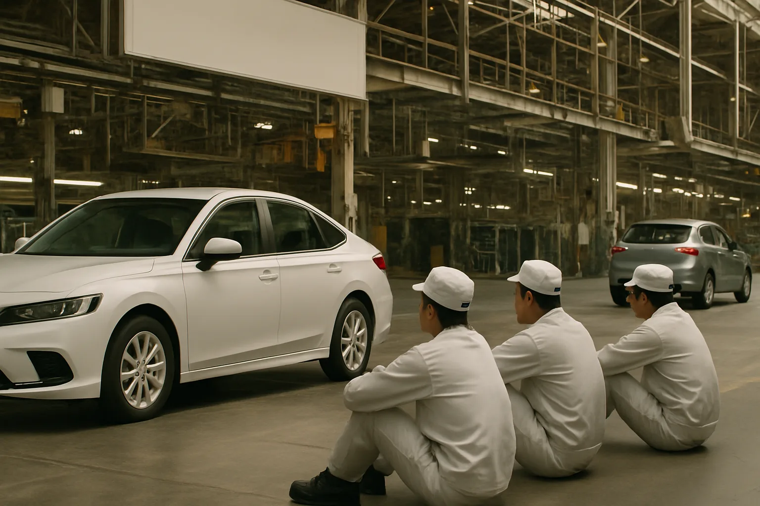 Three people in matching white uniforms and caps sit on a factory floor, facing parked white and grey sedans under industrial lighting