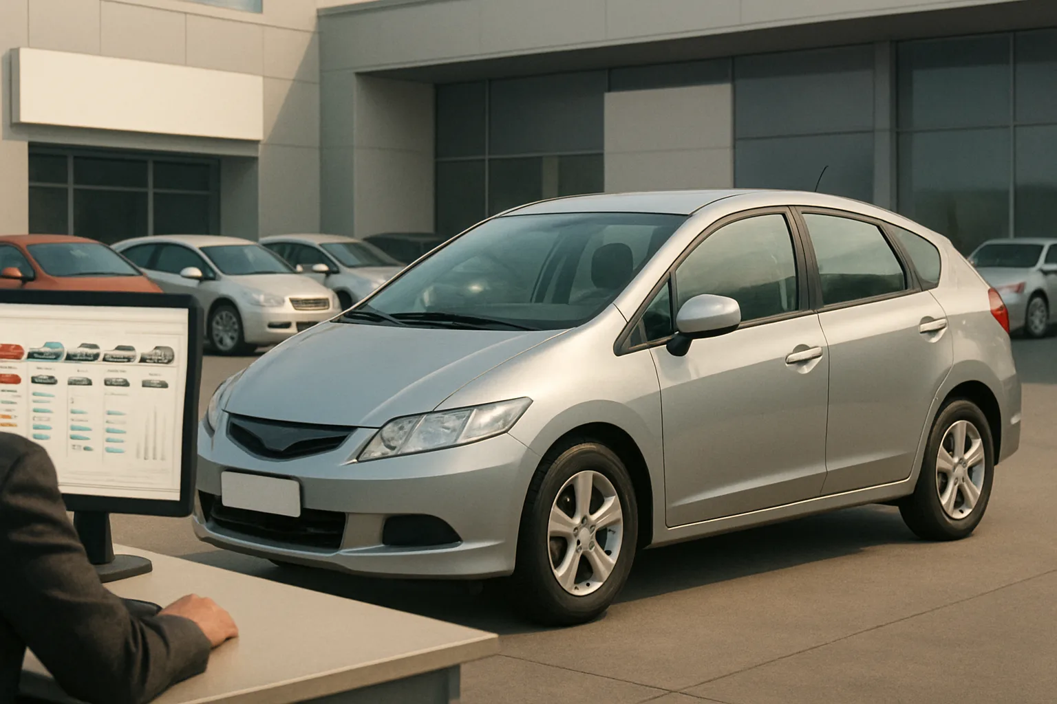 A silver hatchback parked outside a dealership as a person reviews a colourful comparison chart on a computer screen nearby