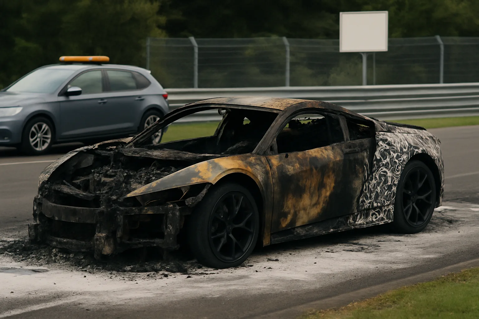 Burned-out sports car with blackened bodywork and ash on the road, set against a racetrack and a grey car in the background