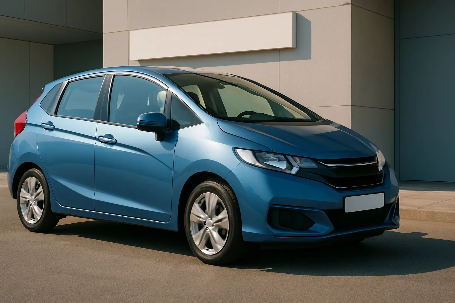 A metallic blue compact hatchback with four doors parked in sunlight beside a modern, light-grey building